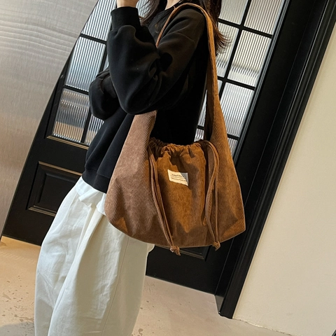 Vintage Cord Gestreift Einkaufstasche Für Damen Kordelzug Große Kapazität Schultertasche Umhängetasche Casual Handtasche