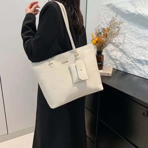 Ensemble de Sac Cabas Grande Capacité Pour Femmes Avec Sacoche Et Pochette Motif Litchi En Cuir PU Sac À Main