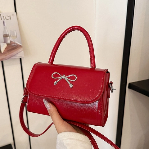 Borsa Quadrata Mini da Donna di Moda Fiocco in Pelle PU Verniciata Borsa a Mano Tracolla Lucida Piccola Spalla Argento Hardware
