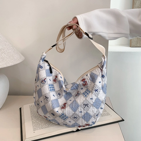 Women Quilted Crossbody Bag Cartoon Print Large Capacity Crescent Bag With Adjustable Wide Strap Casual Style