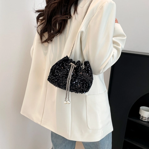 Damen Mode Pailletten Beuteltasche Kette Crossbody Abendtasche Kordelzug Verschluss Mit Kunstperlen Dekoration Geschenk
