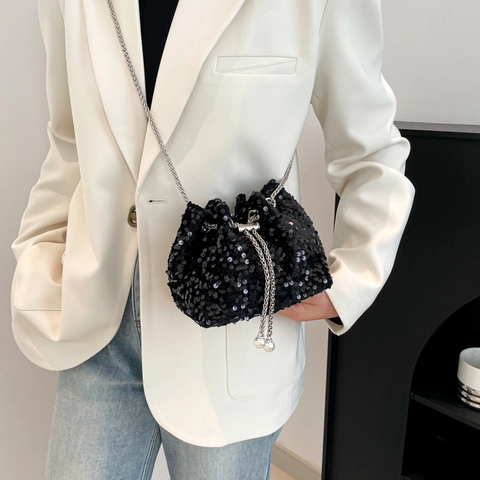 Elegante Borsa a Secchiello con Paillettes da Donna Pochette da Sera Coulisse con Decorazione Perle Artificiali Catena Argento