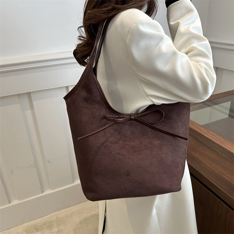 Women Retro Faux Suede Tote Bag Large Capacity Minimalist Shoulder Bag With Bow Decoration Solid Color Commute Handbag