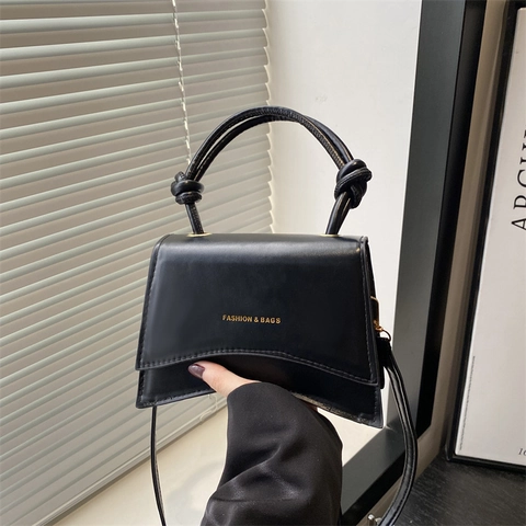 Borsa Quadrata Piccola in Pelle PU Tinta Unita da Donna Con Manico Annodato Borsa a Mano a Tracolla Con Lettere