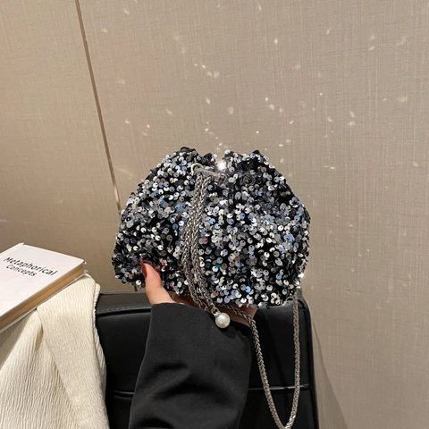 Fashion Sequined Bucket Bag Elegant Drawstring Evening Purse With Pearl Chain Crossbody Shoulder Bag For Party Wedding