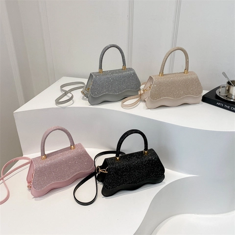 Elegante Borsa a Mano da Donna con Strass e Bordo Ondulato in Pelle PU Piccola Borsa a Spalla Tracolla con Manico per Festa