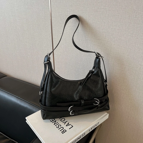 Dames Retro PU Lederen Onderarm Schoudertas Vintage Grote Capaciteit Halve Maan Hobo Tas Met Decoratieve Riemen Zilveren Gespen Woon-werkverkeer Crossbody Tas