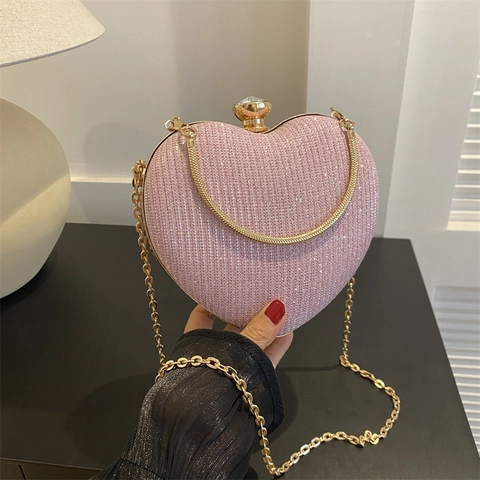 Elegante Herzförmige Abendtasche Paillettenstoff Metallrahmen Strassverschluss Kette Schultergurt Bankett Hochzeit Party Damen Handtasche