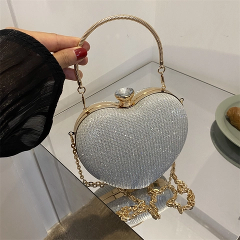 Elegante Herzförmige Abendtasche Paillettenstoff Metallrahmen Strassverschluss Kette Schultergurt Bankett Hochzeit Party Damen Handtasche