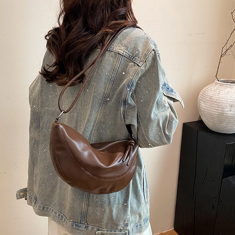 Bolso De Hombro Media Luna Cuero PU Bolso Bandolera Con Correa De Nudo Cremallera Para Mujeres Moda Casual Diaria