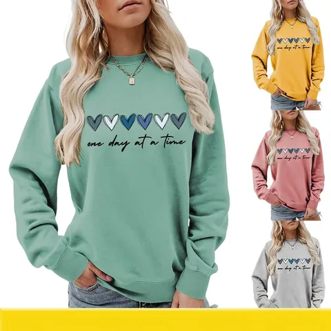 Women Sweatshirt Cotton Pullover Round Neck Long Sleeve One Day At A Time Heart Print Casual Fashion Autumn Winter
