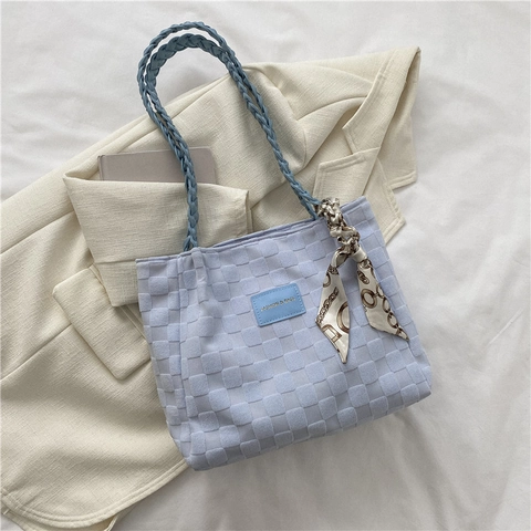 Borsa Tote da Donna Grande Capacità a Scacchiera in Pelle PU Borsa a Tracolla Manico Intrecciato Sciarpa di Raso Borsa Casual