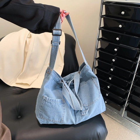 Sac Fourre-Tout En Denim Grande Capacité Multi Poches Bandoulière Réglable Style Urbain Décontracté Pour Femmes