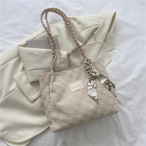 Borsa Tote da Donna Grande Capacità a Scacchiera in Pelle PU Borsa a Tracolla Manico Intrecciato Sciarpa di Raso Borsa Casual