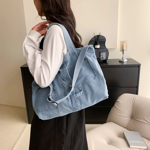 Sac Fourre-Tout En Denim Grande Capacité Multi Poches Bandoulière Réglable Style Urbain Décontracté Pour Femmes