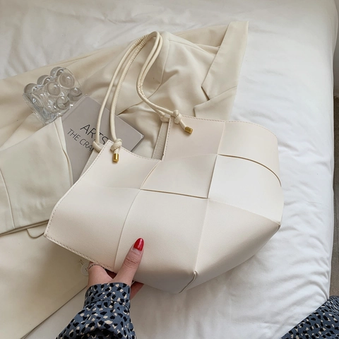 Woven Tote Bag PU Leather Large Capacity Minimalist Shoulder Handbag For Women Fashion Solid Color