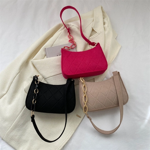 Women Quilted Felt Hobo Bag Minimalist Underarm Shoulder Bag With Chain Strap Solid Color Handbag Trendy Female Underarm Purse