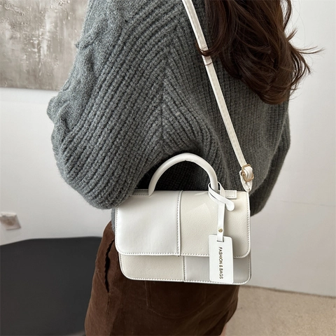 Women Crossbody Bag PU Leather Patchwork Top Handle Vintage Trendy Square Handbag With Adjustable Shoulder Strap