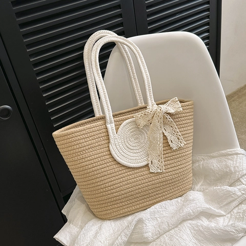 Handgefertigte Stroh Geflochtene Tragetasche Für Damen Große Kapazität Lässige Sommer Strand Schultertasche Mit Spitze Schleife