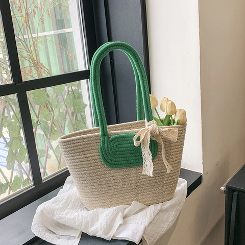 Handgefertigte Stroh Geflochtene Tragetasche Für Damen Große Kapazität Lässige Sommer Strand Schultertasche Mit Spitze Schleife
