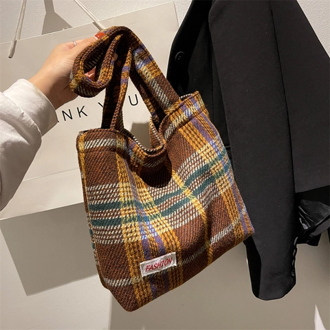 Vintage Wollen Plaid Tote Bag Für Damen Große Kapazität Kontrastfarbe Karomuster Schultertasche Mode Lässige Handtasche