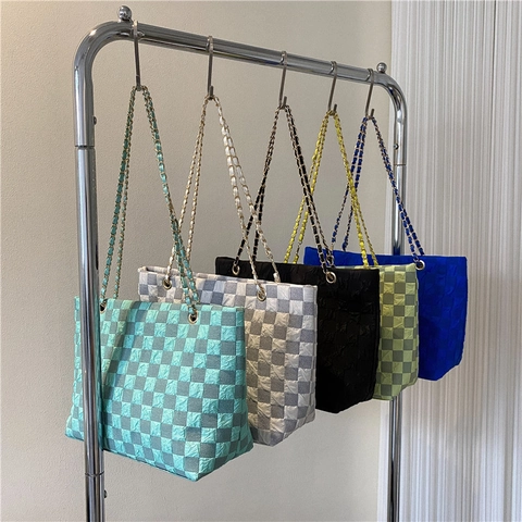 Fashion Checkerboard Canvas Tote Bag Women Pleated Texture Shoulder Bag With Metal Chain Strap Minimalist Daily Handbag
