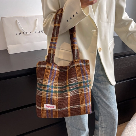 Vintage Wollen Plaid Tote Bag Für Damen Große Kapazität Kontrastfarbe Karomuster Schultertasche Mode Lässige Handtasche