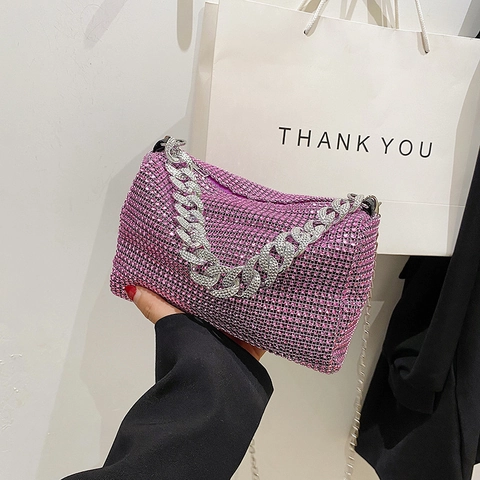 Women Luxury Rhinestone Square Shoulder Bag With Chunky Chain Strap Shiny Crystal Evening Handbag Crossbody Bag For Banquet