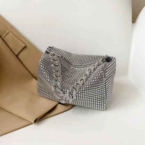 Women Luxury Rhinestone Square Shoulder Bag With Chunky Chain Strap Shiny Crystal Evening Handbag Crossbody Bag For Banquet