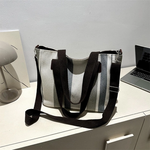 Borsa Tote In Tela A Righe Grande Capacità Borsa A Mano Semplice Casual Pendolare Borsa A Spalla Per Donna Con Tracolla Regolabile