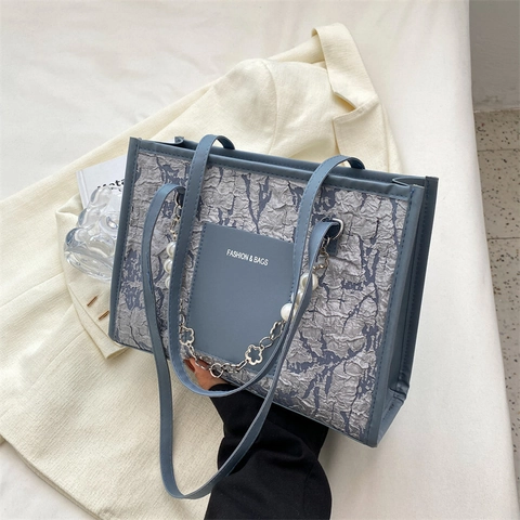 Women Floral Jacquard Tote Bag Large Capacity Shoulder Bag With Artificial Pearl Flower Chain Strap Elegant French Chic Handbag