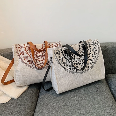 Boheemse Mandala Print Canvas Tote Bag Grote Capaciteit Handtas Met Kunstlederen Handvatten En Schouderriem Voor Dames