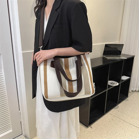 Borsa Tote In Tela A Righe Grande Capacità Borsa A Mano Semplice Casual Pendolare Borsa A Spalla Per Donna Con Tracolla Regolabile