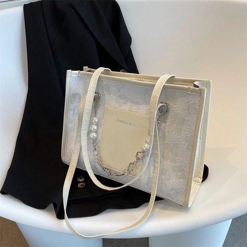 Women Floral Jacquard Tote Bag Large Capacity Shoulder Bag With Artificial Pearl Flower Chain Strap Elegant French Chic Handbag