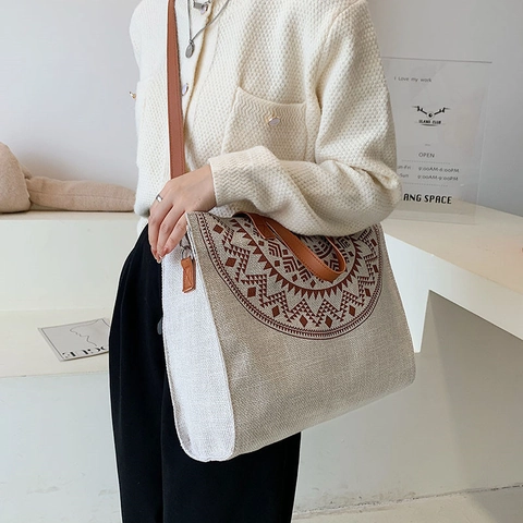 Boheemse Mandala Print Canvas Tote Bag Grote Capaciteit Handtas Met Kunstlederen Handvatten En Schouderriem Voor Dames