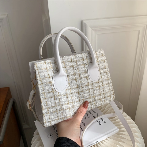 Sac À Main En Tweed Pour Femmes Élégant Style Coréen Sac À Épaule Bandoulière Petit Carré Texture PU