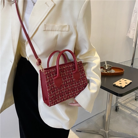 Sac À Main En Tweed Pour Femmes Élégant Style Coréen Sac À Épaule Bandoulière Petit Carré Texture PU