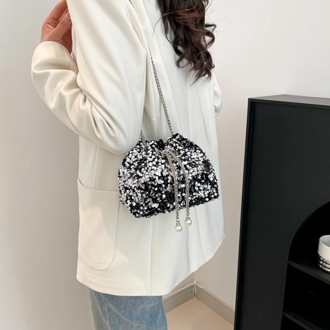 Borsa A Secchiello Con Paillettes Catena In Metallo Coulisse Perla Artificial Decor Festa Borsa A Tracolla Donne