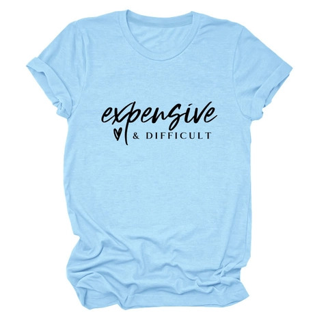 Camiseta De Mujer Con Estampado De Letras Expensive Difficult Corazón Cuello Redondo Manga Corta Mezcla De Algodón Top Casual Chic