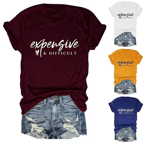 Camiseta De Mujer Con Estampado De Letras Expensive Difficult Corazón Cuello Redondo Manga Corta Mezcla De Algodón Top Casual Chic