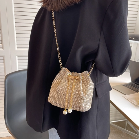 Dames Elegante Strass Emgertas Trendy PU Ketting Schoudertas Crossbodytas Bling Avond Handtas Parels Trekkoord Avond Clutch Tas