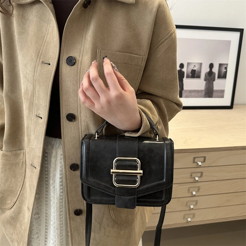 Vintage Kleine Quadratische Schultertasche PU Leder Klappe Goldene Schnalle Tragegriff Umhängetasche Für Damen Minimalistisch