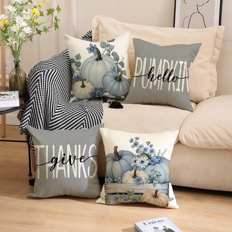 Thanksgiving Pompoen Kussenhoes Linnen Herfst Decoratieve Kussenhoes Blauw Bloem Letter Bedrukt Vierkante Kussensloop Voor Bank