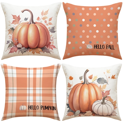 Federe Per Cuscini Texture Lino Autunno Zucca Foglia D'acero Stampa Ringraziamento Fodere Per Cuscini Decorative Divano