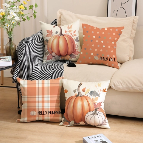 Federe Per Cuscini Texture Lino Autunno Zucca Foglia D'acero Stampa Ringraziamento Fodere Per Cuscini Decorative Divano