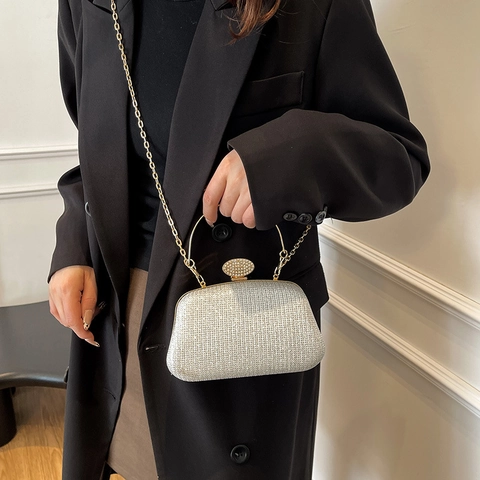 Elegante Borsa da Sera con Glitter da Donna Pochette a Forma di Conchiglia con Strass Manico in Metallo e Tracolla per Matrimonio Festa