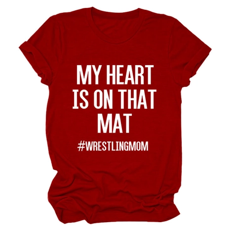 Maglietta da Donna Wrestling Mom My Heart Is On That Mat con Stampa Lettere Casual Girocollo Manica Corta in Misto Cotone Top Estivo