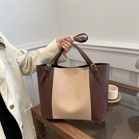 Women Large Capacity Tote Bag PU Leather Color Block Shoulder Bag For Daily Commute Elegant Handbag