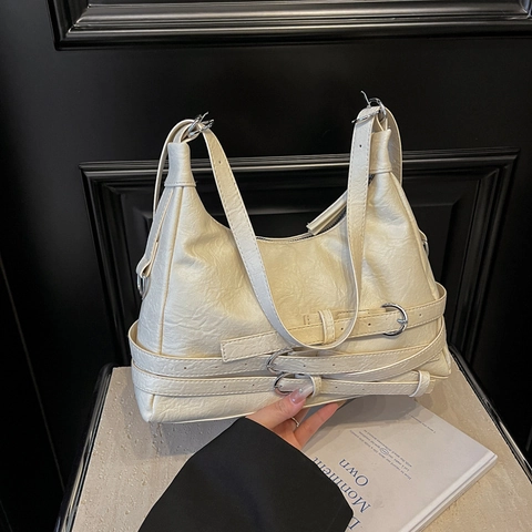 Vintage PU Leder Hobo Umhängetasche Für Damen Mehrere Gürtelschnallen Dekor Silber Hardware Schultertasche Elegante Unterarmtasche