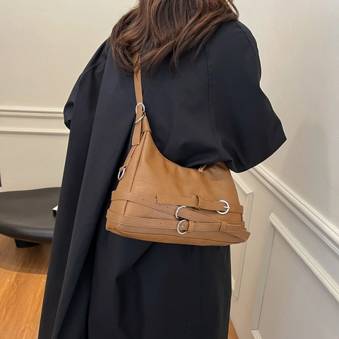Vintage PU Leder Tragetasche Für Damen Retro Multi Riemen Unterarmtasche Mode Pendler Schultertasche Nischen Design Umhängetasche